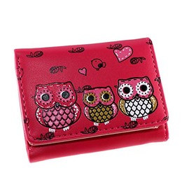 Cute Owl Cartoon Faux Leather Trifold Wallet Cash Coin Small Purse Card Holder for Women & Girls (Hot Pink)