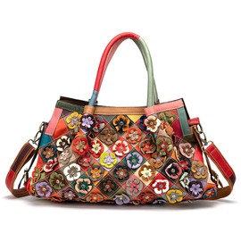 Segater Women’s Multicolor 3D Flowers Boston Bag Genuine Leather Colorful Flora Patchwork Large Tote Handbag Hobo Purse Crossbody Big Bag