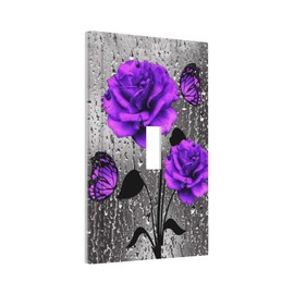 Purple Rose Butterfly Print Decorative Light Switch Cover 1-Gang Romantic Gray Blossom Flowers Floral Raindrops Art Single Toggle Wall Plate Electrical Device Outlet Switch Faceplate Cover Jumbo Size