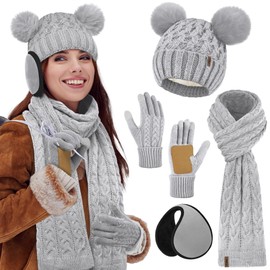 Aneco Winter Beanie Hat Scarf Gloves Ear Warmer Set for Women Fleece Lined Pom Pom Beanie Touchscreen Gloves 4 in 1 Set