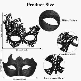 Luclay A Pair of Venetian Masquerade Masks for Couple, Carnival Masquerade Mask for Women/Men, Ball Masquerade Mask, Pair Party Clothing Accessories, Black Lace