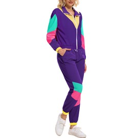 ZDT Women's Color Block 80s 90s Outfit 2 Piece Costume Zip Up Windbreaker Track Suits Set Purple L