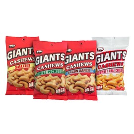 GIANTS Snacks Cashews Variety Pack - Cashews Individual Packs, Cashews Roasted Lightly Salted, Individual Cashew Snack Packs, Whole Salted Cashew Nuts, Flavored Cashews - 4 oz (Pack of 4)