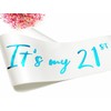 21st Birthday Sash, White Satin Soft Sashes with Blue Foil