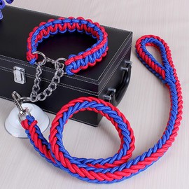 DOTEYAYP Heavy Duty Nylon Dog Collar Leash Set 8 Strand Rope Braided Adjustable Dog Training Collar for Small, Medium, Large Dog (Large, Blue and Red)