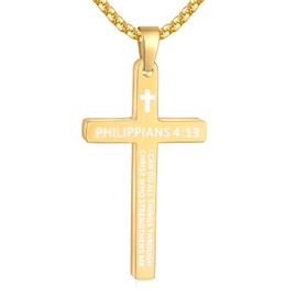 Fiusem Gold Plated Cross Necklace for Men, Bible Verse PHILIPPIANS 4:13 Cross Pendant with 2.5mm Box Chain 18 Inch