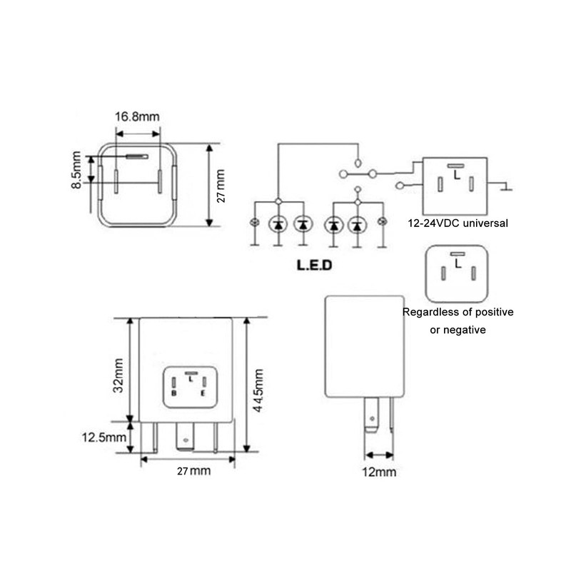 LED Flasher Relay, Non Polarity 12V 24V Universal ABS Normally