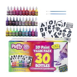 Puffy, 1 fl oz, 3 Stencils & 2 Paintbrushes 3D Paint, 30 Pack, Rainbow, 30 Color Pack (PUFFLRGPK)