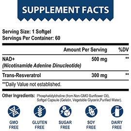 Liposomal NAD+ 500 mg + Trans-Resveratrol 300 mg, Superior Absorption True NAD Supplement Efficient for Cellular Energy Metabolism & DNA Repair, 60 So