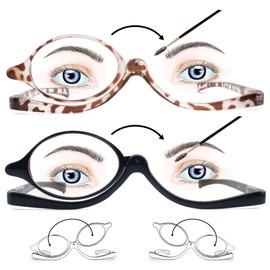FEIVSN 2 Pack Makeup Reading Glasses for Women Flip Down Cosmetic Magnifying Readers Make Up Eyeglasses Spring Hinge, Black/Brown, +3.50