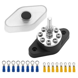 Ampper Heavy Duty M6 Single Stud Battery Ground Distribution Block W/Cover and (8) #8-32 Terminal Screws, 1/4" Power Junction Block Distribution Studs Terminal Kit (Black)