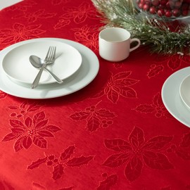 Benson Mills Poinsettia Legacy Damask Fabric Table Cloth, Holiday, Winter, and Christmas Tablecloth (Red, 70" Round)