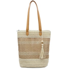 Aphoraeny Straw Beach Bag Buckets Totes Handbag Shoulder Tote Bag Straw Purse Summer Purse Women Summer Handbag, B-beige Stripes