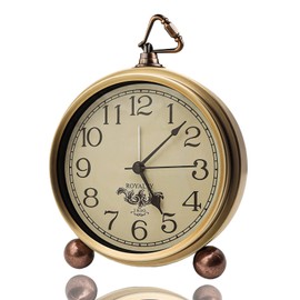 Justup Golden Table Clock, Retro Vintage Non-Ticking Table Desk Alarm Clock Battery Operated Silent Quartz Movement HD Glass for Bedroom Living Room Indoor Decoration Kids (Arabic)