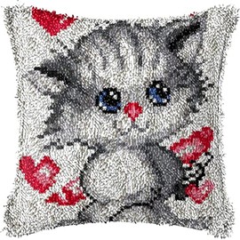 ROCKY&CHAO Latch Rug for DIY Latch Sets with Cushion Latch Set 43 x 43 cm Cushion Cover Set for Adults and Children Latch Hook Kit Home Accessory (Love Grey Cat)
