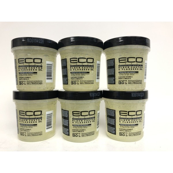 6PK ECOSTYLE ECO STYLE HAIR STYLING GEL BLACK CASTOR FLAXSEED OIL 8 OZ