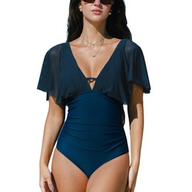 CUPSHE Women's One Piece Swimsuit Bathing Suit Tummy Control Deep V Neck Ruffled Mesh Ruched Swimwear S Navy Blue