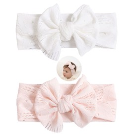 Pack of 2 Baby Headbands, Nylon Elastic Turban Headbands with Bows, Children's Hair Accessories, for Children, Toddlers, Infants, Newborns, White, Pink