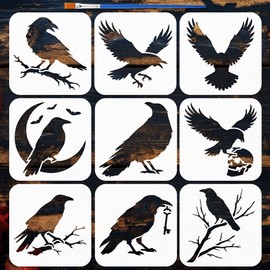 FINGERINSPIRE 9PCS Crow Painting Stencil with Paint Brush 15x15cm