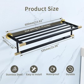 Black Brushed Gold Towel Rack 24'' Bath Towel Shelf with Towel Bars SUS304 Matte Black Stainless Steel Wall Mounted，Modern Bathroom Storage Shelf