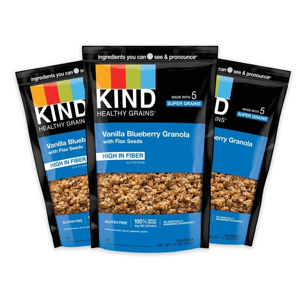 KIND HEALTHY GRAINS Granola, Healthy Snack, Vanilla Blueberry Granola with Flax Seeds, Snack Mix, 3 Count, 33 OZ Total
