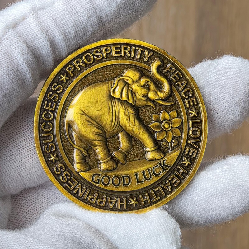 Good Luck Coin with Four Leaf Clover & Elephant Design