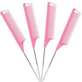 Rat Tail Comb,Parting Comb,Metal Long Steel Pin Rat Tail Combs set,Combs for Hair Stylist,Hair Combs for Women(4Packs,Black,Pink):_pink