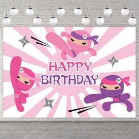 Samurai Happy Birthday Banner Backdrop Background Photo Booth Props Flag Kit Pink Warrior Theme Decor for Girls Princess 1st Birthday Party Baby Shower Favors Supplies Decorations