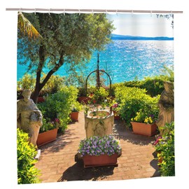 Sunny Seaside Garden Shower Curtain, 3D Beautiful Scenery Garden Decoration, Bathroom Essential Polyester Waterproof Quick-Drying Shower Curtain, Bathroom Decoration with 12 Hooks, 180X180cm/ 71X71 in