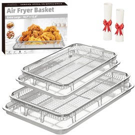 Air Fryer Basket for Oven, 2 Set Air Fryer Pan and Cripy Tray Set with 60 PCS Parchment Papers, THORSES Thickened Stainless Steel NonStick Air Fryer Basket and Pan (18.8"x12.8" & 15.7"x11.6")