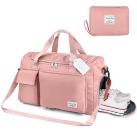 Duffel Bag, Foldable Overnight Weekend Bags for Women, Lightweight Hospital Bag with Wet and Dry Separation Bag, Large Holdall/Cabin/Gym Bag for Sports and Travel - Pink