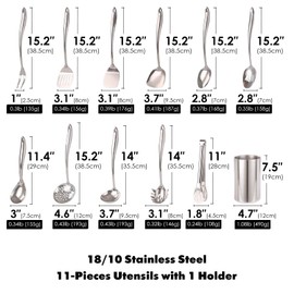 18/10 Stainless Steel Kitchen Utensils Set with Holder - 15″ Spatula Spoon Set with Storage Organizer for Countertop, Fork, Tongs, Spatula, Ladle, Skimmer, Turner, Spaghetti, Large Spoon Set of 12