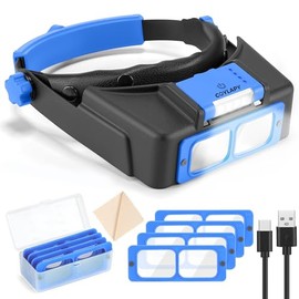 COYLAPY Headband Magnifier with Light, Rechargeable Magnifying Glasses for Close Work, 1.5X - 3.5X Magnify Headset with 4 Lenses, Jewelers Magnifying Glass Loupe Visor for Repair,Crafts, Hobby (Blue)