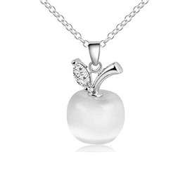Apple Pendant Necklace with Austrian Crystals Simulated White Cat Eye Stone 18 ct White Gold Plated for Women 18"