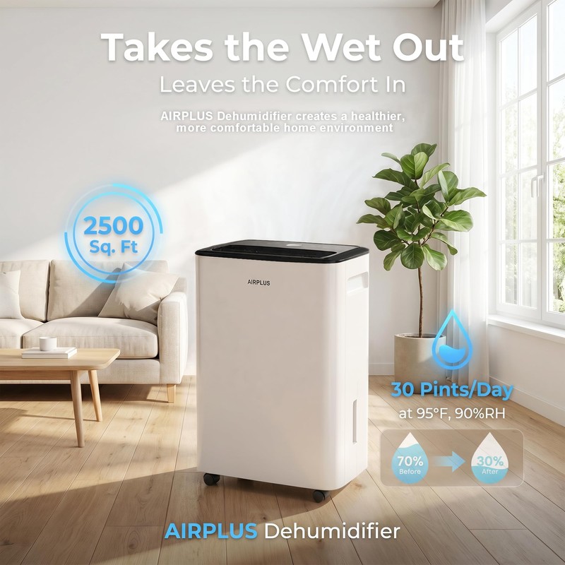 AIRPLUS 2500 Sq.Ft Dehumidifier for Basement, 30 Pints Dehumidifiers for