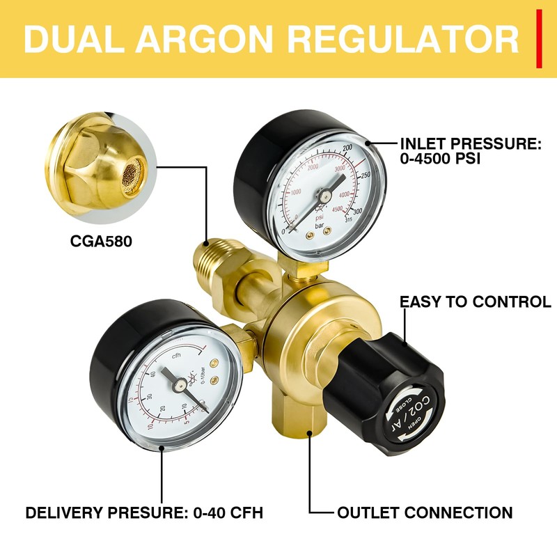 Zistel CO2 Argon Regulator Gauges Gas Welding, 0-4500PSI Argon Gas
