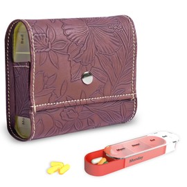 Pill Organizer,Czzmy Weekly Travel Pill Case Box Medication Reminder Daily AM PM, Day Night 7 Compartments,for 4 Times A Day, 7 Days a Week-Includes Leather PU Carrying Case(1-Carved Brown2)