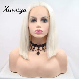 Xiweiya Short #60 White Bob Wig Synthetic Lace Front Wigs With Heat Resistant Fiber Platinum Color Soft Bob Wig for Women, Drag Queen Hair Replacement Wig 14 inch