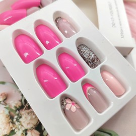 Coffin Press on Nails Short Fake Nails with Glue Glitter Flower Designs Rose Red & Light Pink Full Cover Glue on Nails Short French False Nails Glossy Acrylic Nails for Women