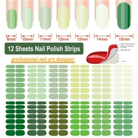 DANNEASY 12 Sheets Nail Polish Stickers Full Nail Wraps for Women Solid Color Fingernails Wraps Self Adhesive Nail Polish Strips Gel Nail Strips with Nail File, Cuticle Stick - Green