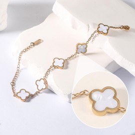 GRBeid 18K Gold Plated Clover Lucky Bracelet for Women Flower Four Leaf Link Bracelets Dupes Trendy Jewelry Birthday Gifts for Women/Mom/Wife/Daughter/Girlfriend/Besties/Sister/Grandma/Nana (White)