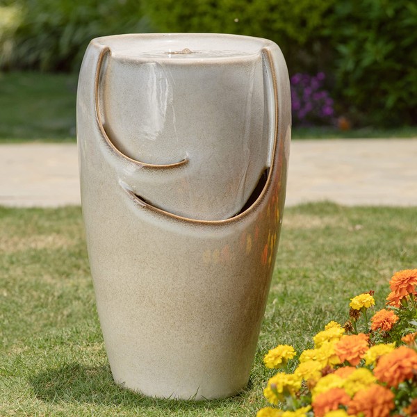 Glitzhome 21.25" H Ceramic Vase Outdoor Water Fountain Tall Patio Garden Water Fountain with LED Light and Submersible Pump Yard Art Decor, Sand Beige