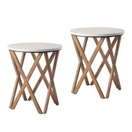 LONYKE Round End Table SST of 2, Distressed White Top with 4-Legs Base Beside Table for Modern Farmhouse, Boho Decor, White and Natural