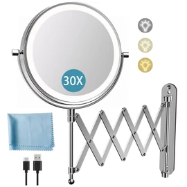 Rechargeable Wall Mounted Makeup Mirror - 8 Inch Double Sided 1X/30X Magnifying Mirror with 3 Color Lights Dimmable Touch Screen, 360°Swivel 19.6 Inch Extendable Accordion Bathroom Mirror - Chrome