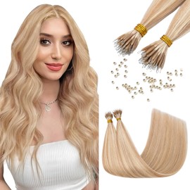 Elailite Nano Beads Hair Extension Real Human Hair With Nano Ring 50 Strands Cold Fusion Straight (#18/613 Ash Blonde Mix Bleach Blonde, 18 Inch-35g)