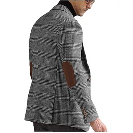 VENNYNG Men's Grey Pinstripe Blazer Jacket with Elbow Patches Plaid Sport Dress Coat Single Breasted