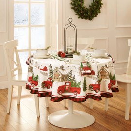 Elrene Home Fashions Vintage Truck Christmas Tree Farm Wrinkle Resistant Tablecloth, 60"X84", Oval