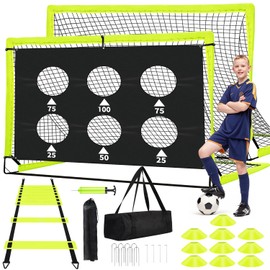 hoerlar Kids Soccer Goals for Backyard Set of 2-6x4 ft Portable Pop Up Soccer Nets Training Equipment Baseball Protective Screens with Soccer Ball, Ladder, Cones, Ideal Birthday