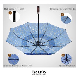 Balios Travel Folding Umbrella with Real Wood Handle Auto Open Close Vented Windproof Canopy - Designed in UK (Garden of Glamour Cobalt Blue)
