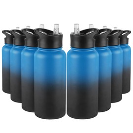 VQRRCKI 32 Oz Insulated Water Bottle Bulk 8 Pack, Stainless Steel Sports Water Bottles with Straw Lid & Wide Mouth Lids, Double Walled Vacuum, Leak Proof, Blue Black Gradient